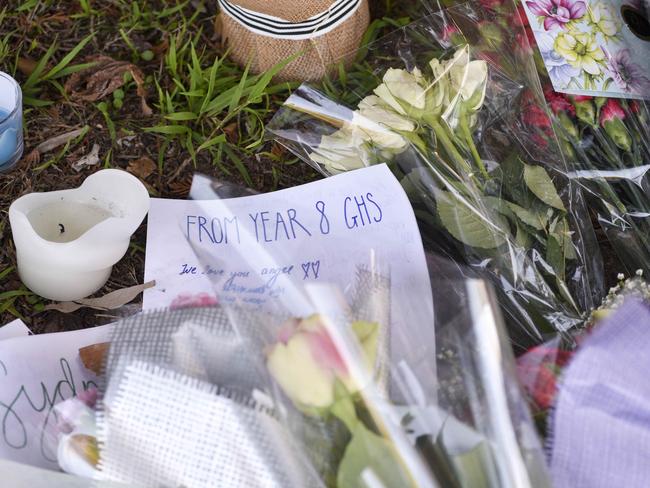 Flowers left near the house after the children’s deaths. Picture: Flavio Brancaleone