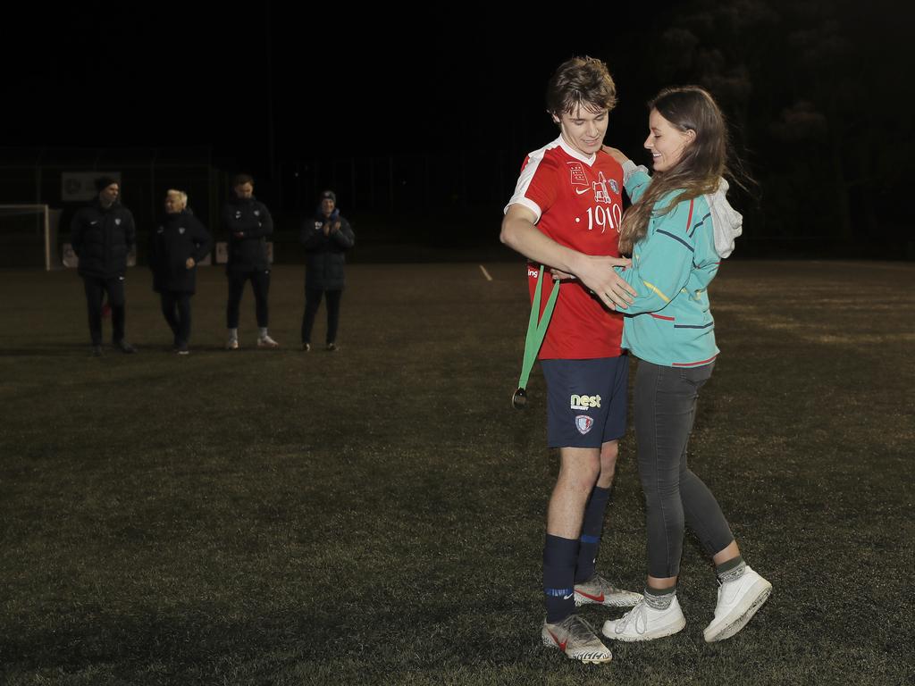 Lokoseljac Cup Final at KGV. Devonport Strikers versus South Hobart. South Hobart's Bradley Lakoseljac receives his champions medal. Picture: PATRICK GEE