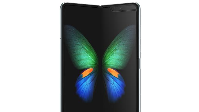 The Samsung Galaxy Fold smartphone features a screen on the front and a larger screen inside when you unfold it.