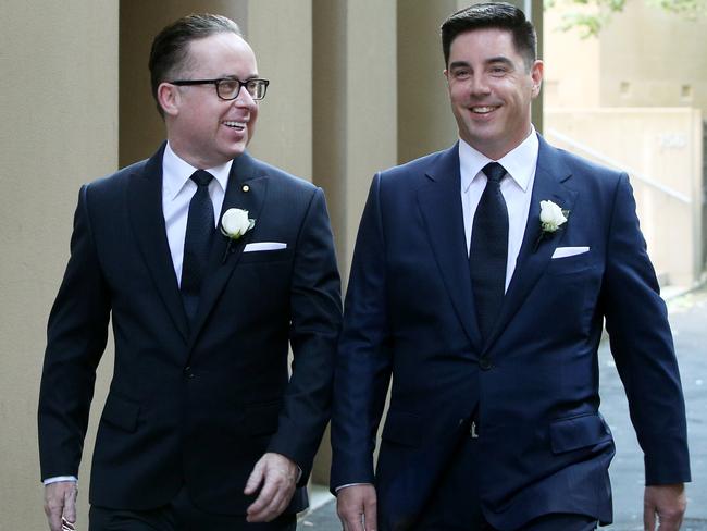 Qantas CEO Alan Joyce and partner Shane Lloyd ahead of their wedding ceremony at the Museum of Contemporary Art. Picture: Lisa Maree Williams/Getty