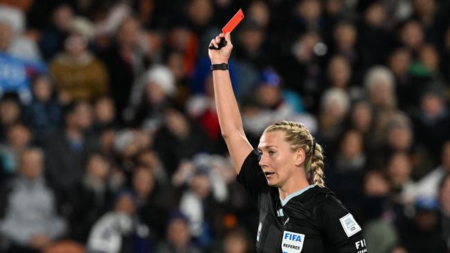 Referee Tess Olofsson of Sweden shows a red card to Zambia's goalkeeper Catherine Musonda during the Australia and New Zealand 2023 Women's World Cup Group. Picture: Saeed Khan