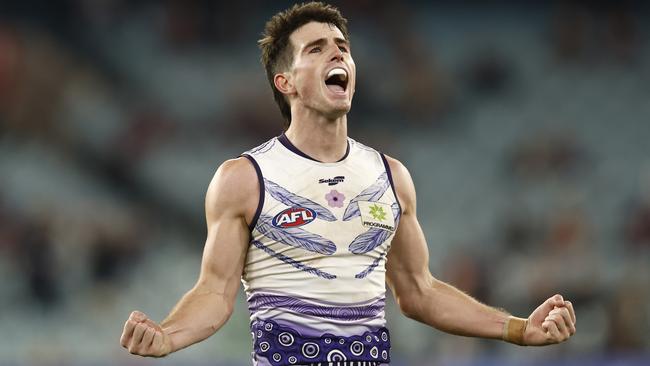 Andrew Brayshaw celebrates Fremantle’s upset of unbeaten Melbourne at the MCG on Saturday. Picture: Getty Images