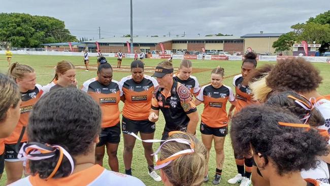 Coach Leon Cleal gives the girls a rev up pre-game. Picture: Facebook/NRL NT