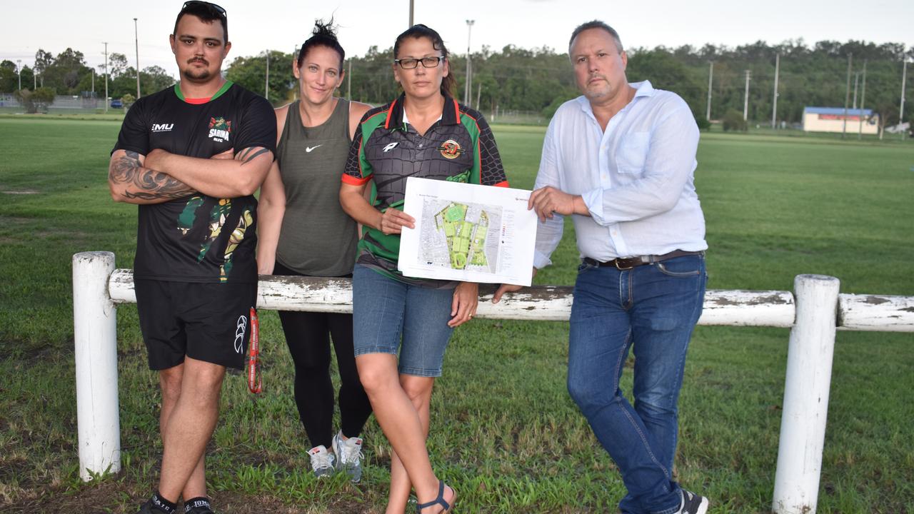 BREWERS PARK: Sarina Junior Rugby League Club vice president Matt Simpson, president Morgan Rodgers, secretary Deslee Stevens and Mirani MP Stephen Andrew with the masterplan.