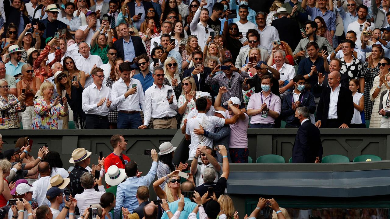 Djokovic celebrates with his team after defeating Italy's Matteo Berrettini. Picture: Adrian DENNIS / AFP