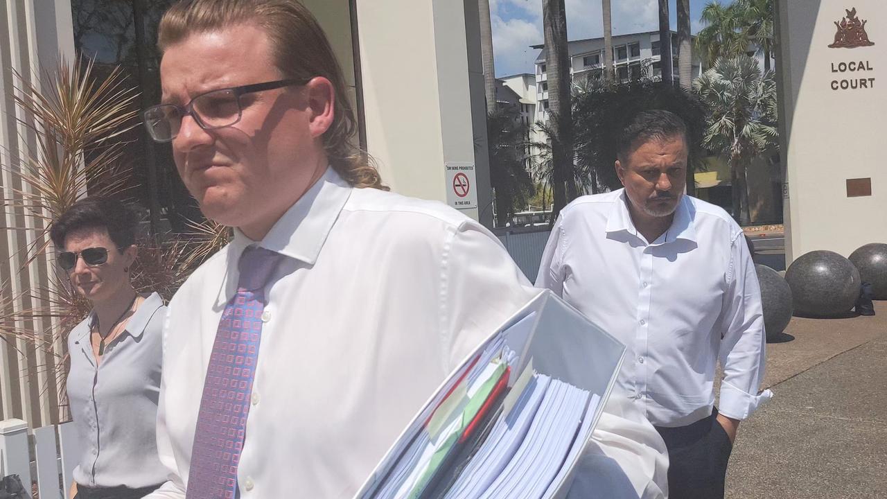 Defence lawyer Luke Officer and Kalidonis NT Pty Ltd director Theofilos Kalidonis leaving Darwin Local Court.