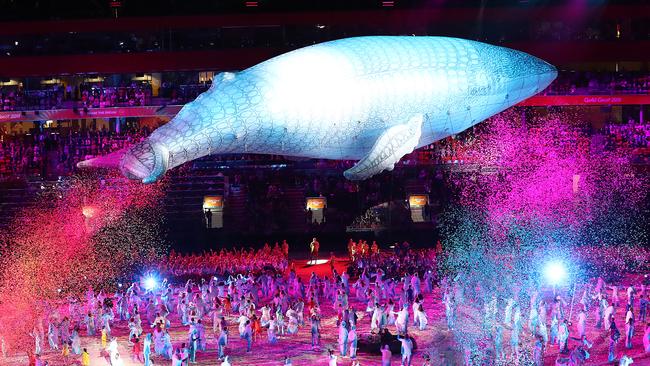 GOLD COAST, AUSTRALIA - APRIL 04: Migaloo the white whale during the Opening Ceremony for the Gold Coast 2018 Commonwealth Games at Carrara Stadium on April 4, 2018 on the Gold Coast, Australia. (Photo by Jono Searle/Getty Images)