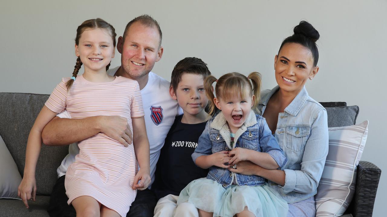 Steve and Vanessa Scanlon with kids Charlee 9yrs, Ashton 11yrs and Riley 3yrs. Pic Annette Dew