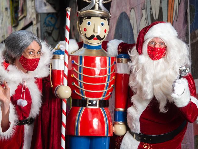 Melbourne Christmas Festival 2020 Program Launch at Hosier Lane, Melbourne. Santa and Mrs Claus arrive  during the launch. Picture: Tony Gough