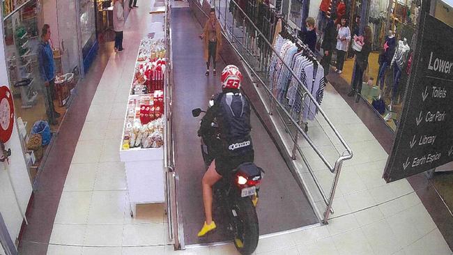 Murat Shomshe rode his Suzuki motorbike through Bulleen Plaza shopping centre on May 12, 2022. Picture: VicPol