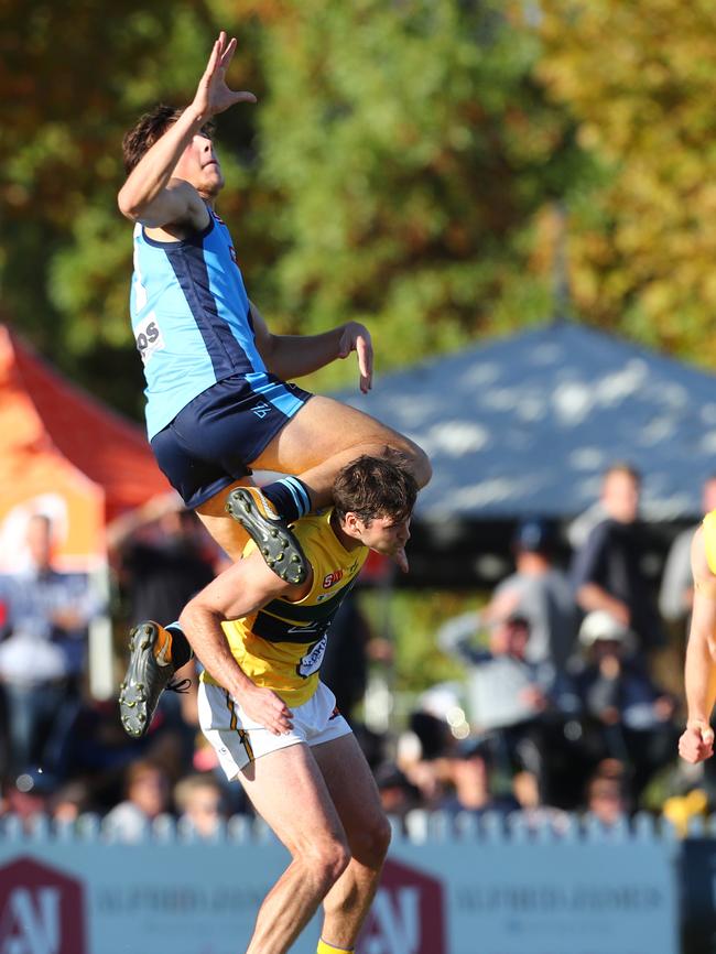 Sturt's Hugo Munn flies for a screamer at Unley Oval ... Picture: Tait Schmaal