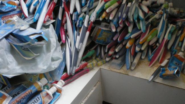 In this home, the hoarder has a problem with letting go of old toothbrushes and used tubes of toothpaste.