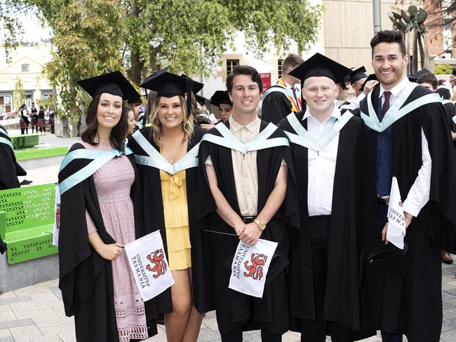Ella Morse, Taylor Baldock, Oliver Robinson, Alex Donati and Callum Lyall at the UTAS Graduation at Launceston. PICTURE CHRIS KIDD