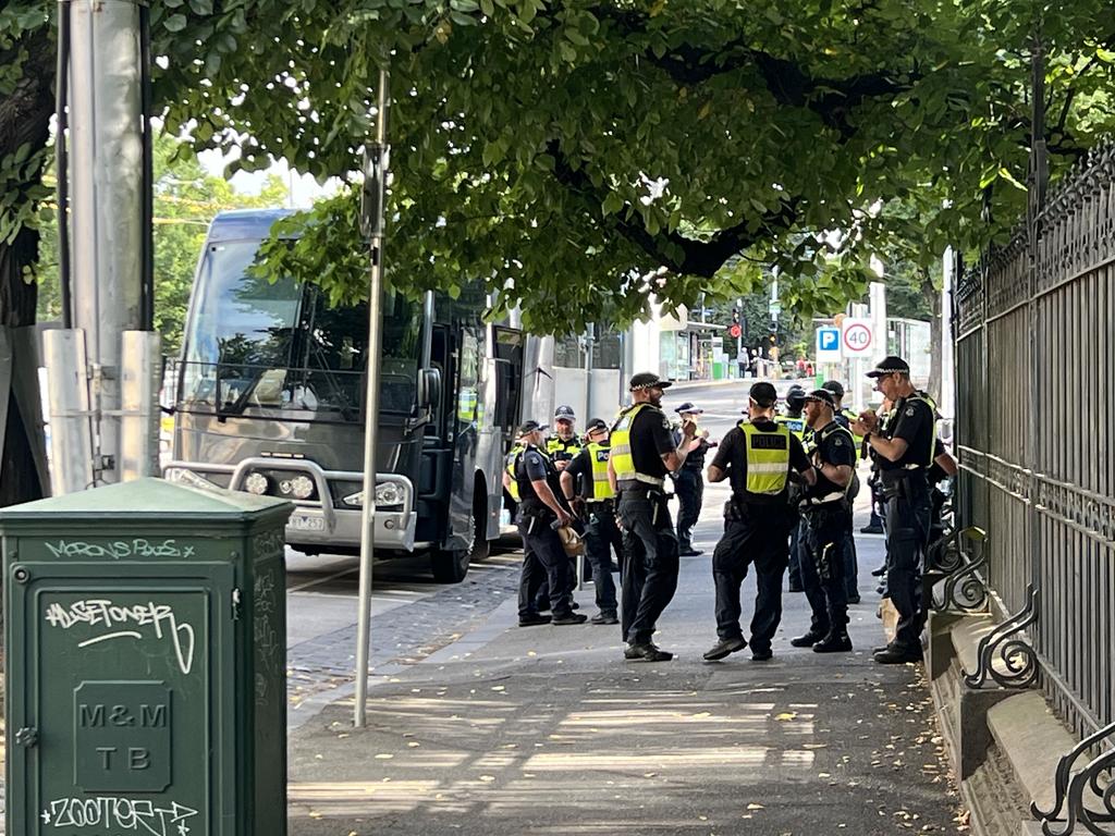 Victoria Police arrive at parliament ahead of the rally. Picture: Fergus Ellis