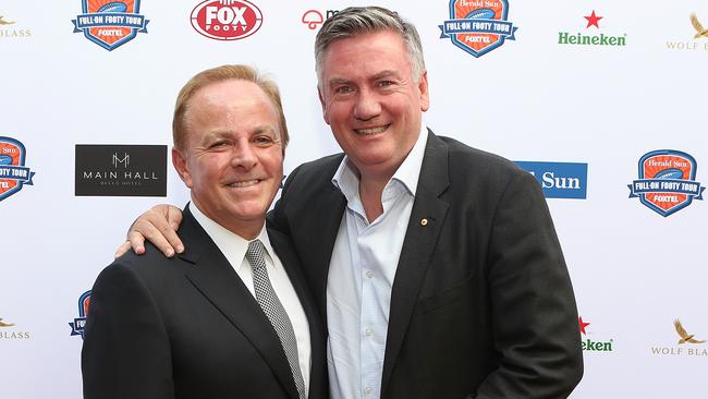 Brian Walsh and Eddie McGuire at a season’s launch of the Herald Sun Foxtel Full On Footy Tour. Picture: Julie Kiriacoudis