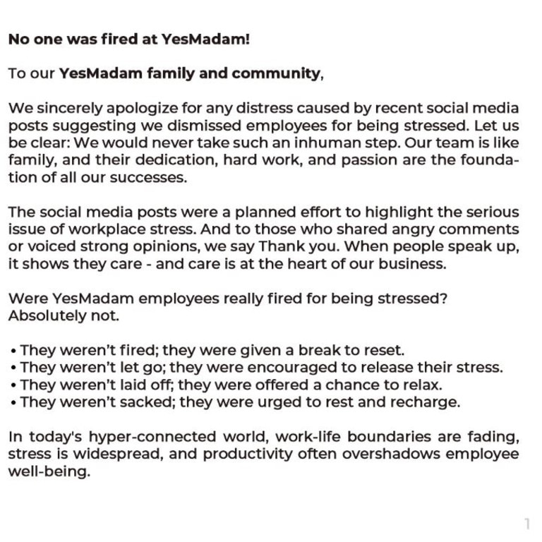 The company released a lengthy statement. Picture:X/YesMadam