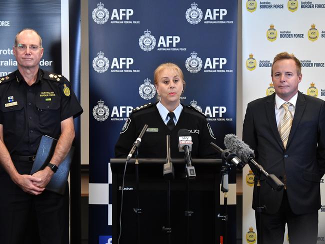 ABF state commander Terry Price (left), AFP Queensland commander Sharon Cowden (centre) and AFP cetective Superintendent Russell Smith announced the bust today. Picture: AAP