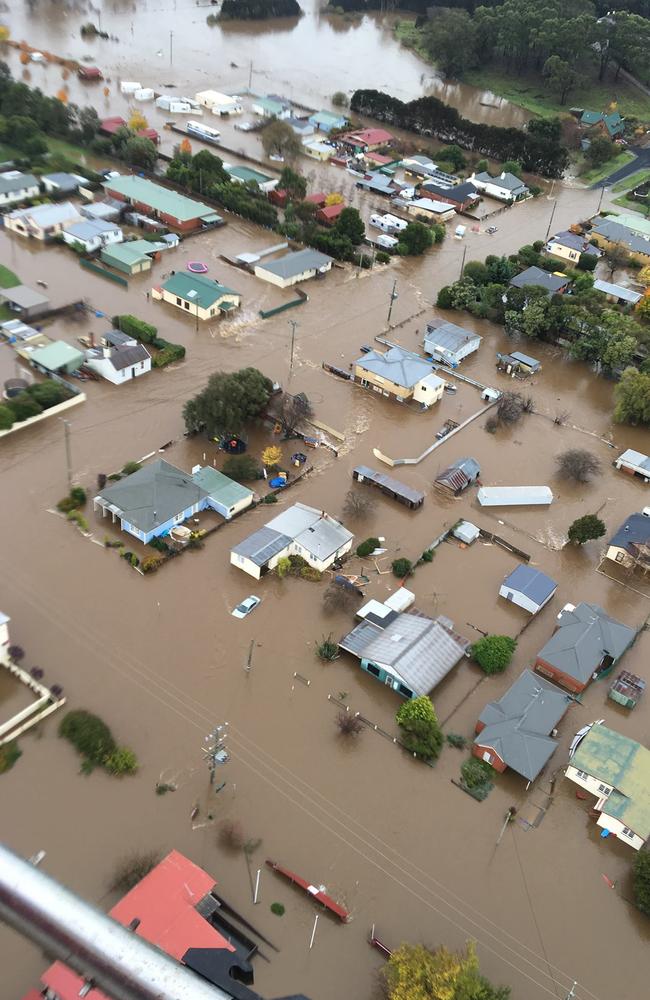 Helicopter vision overhead of floods at Latrobe in Tasmania. Supplied by Tasmania Police