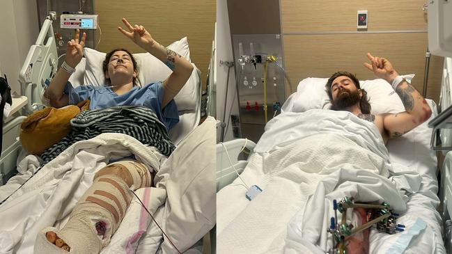 Kimberley Hide and Sam Mitchell in hospital after the pair were involved in a horrific crash at Willaston on May 4. Picture: Supplied