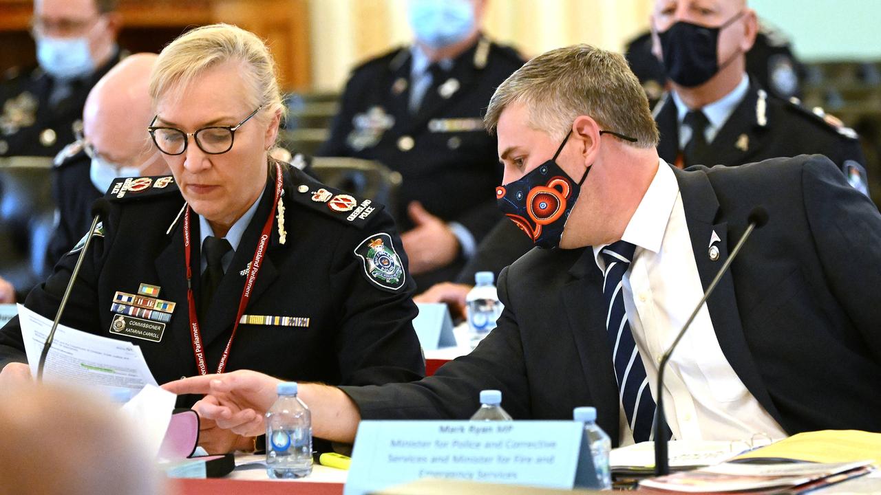 Police Minister Mark Ryan and Police Commissioner Katarina Carroll during a Legal Affairs and Safety Committee Estimates hearing at Parliament House. Picture: NCA NewsWire / Dan Peled