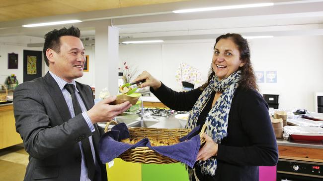 Seaforth principal Bernard Cheng with teacher Nada Burke in the primary school’s kitchen. Picture: Braden Fastier