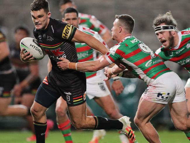 SYDNEY, AUSTRALIA - JUNE 25: Nathan Cleary of the Panthers scores a try during the round seven NRL match between the Penrith Panthers and the South Sydney Rabbitohs at Netstrata Jubilee Stadium on June 25, 2020 in Sydney, Australia. (Photo by Matt King/Getty Images)