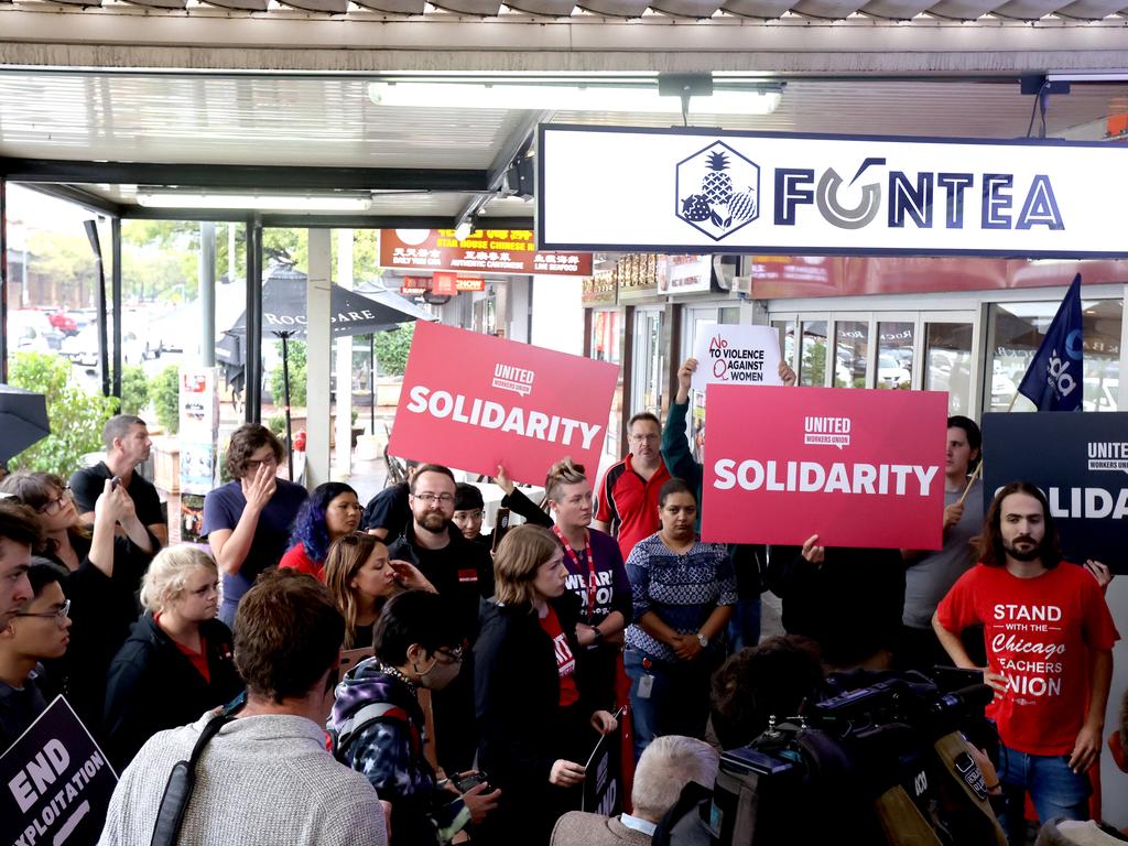 A protest against wage theft and the violent assault was held outside the FunTea store on Gouger Street. Picture: NCA NewsWire / Kelly Barnes