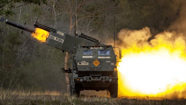 A High Mobility Artillery Rocket System (HIMARS) is fired during live fire exercises as part of US Army drills. Picture: Ezra Acayan/Getty Images