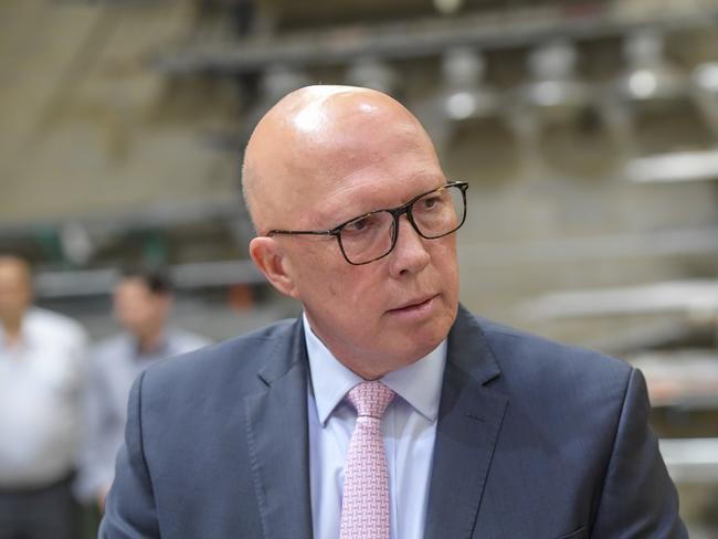 ADELAIDE, AUSTRALIA - NewsWire Photos - DECEMBER 17, 2024:  Opposition leader Peter Dutton visits a local business, Dematec Automation at Melrose Park Adelaide. Presser. Picture: NewsWire / Roy VanDerVegt