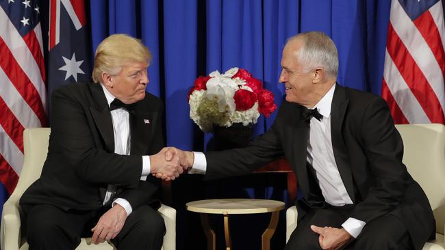 President Donald Trump and Australian Prime Minister Malcolm Turnbull shake hands during their meeting aboard the USS Intrepid, a decommissioned aircraft carrier docked in the Hudson River in New York, Thursday, May 4, 2017. (AP Photo/Pablo Martinez Monsivais)