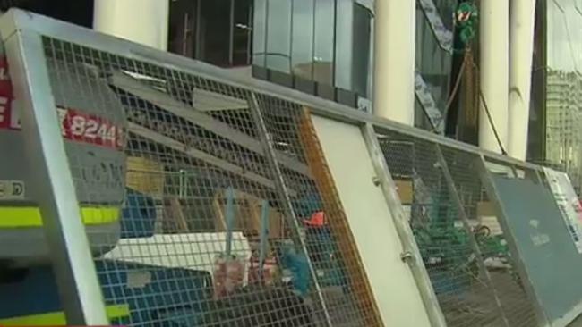 The heavy construction-site gate that fell on two women, injuring them. Pic: Channel 9