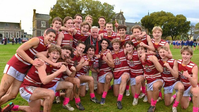 Prince Alfred College celebrates its thrilling win with a teary-eyed Headmaster Bradley Fenner. Picture: Supplied, Prince Alfred College, Festival City Photography