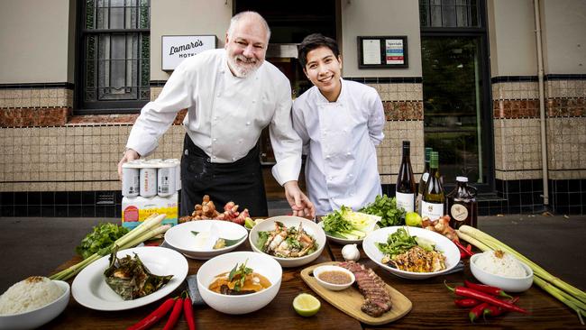 Lamaro's chef/owner Geoff Lindsay and international chef Khim Tharnchai with a Thai banquet available for takeaway. Picture: Nicole Cleary