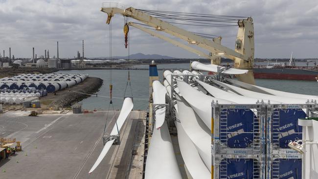 A load of wind turbine blades destined for the $2bn Golden Plains wind farm arrived at GeelongPort on Friday. Picture: Alan Barber.