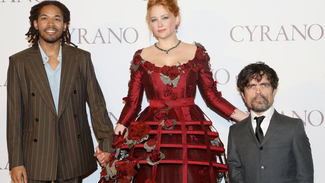 Kelvin Harrison Jr., Haley Bennett and Peter Dinklage at the UK Premiere of Cyrano in December. Picture: Tristan Fewings/Getty Images for Metro-Goldwyn-Mayer Pictures &amp; Universal Pictures