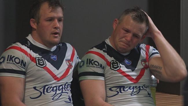 Brett Morris burst into tears as he was hugged by brother Josh in the dressing room after suffering what could potentially be a career-ending knee injury. Picture Fox Sports