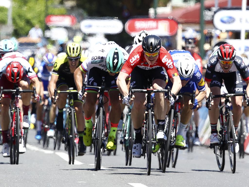 Andre Greipel wins the first stage from Caleb Ewan and Peter Sagan. Picture Sarah Reed