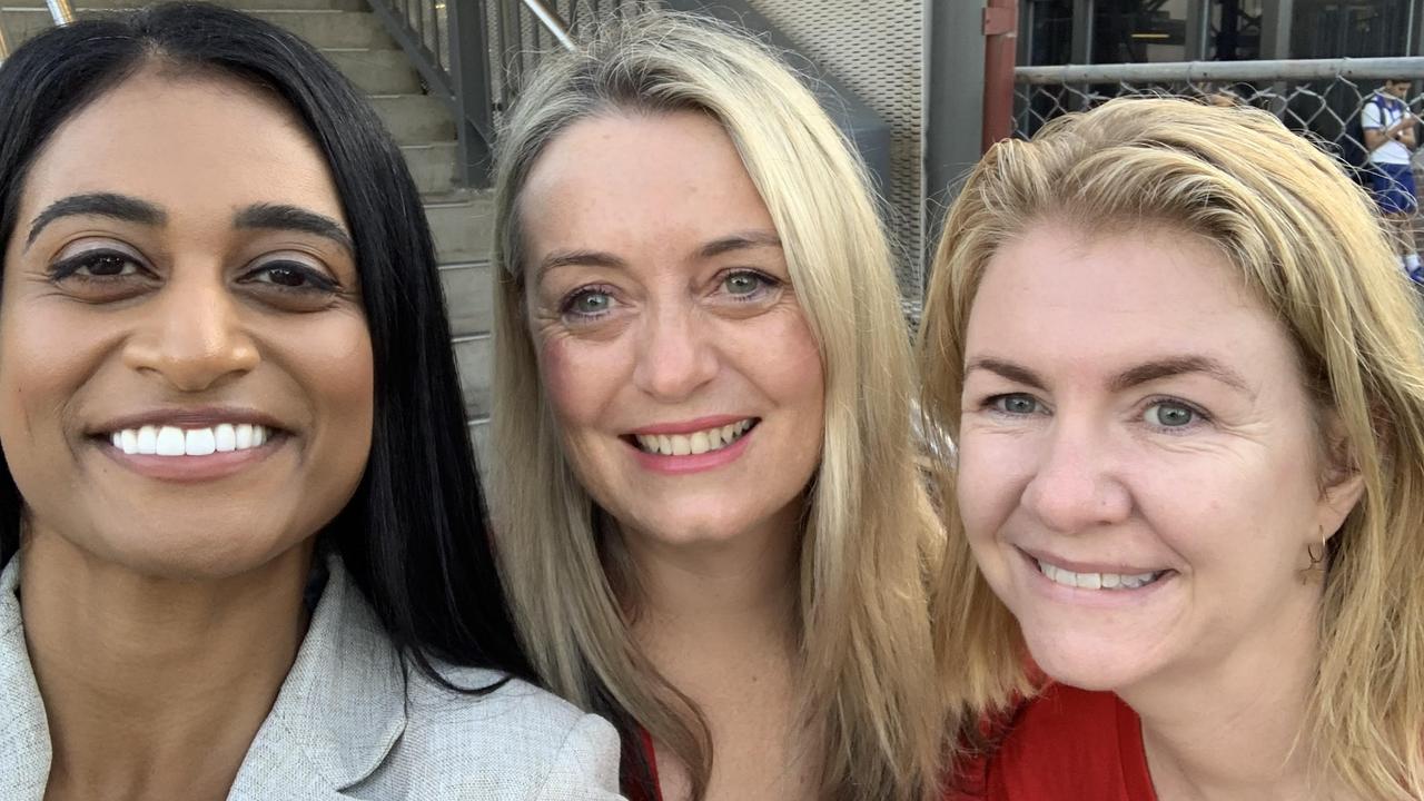 Labor’s Oatley candidate Ash Ambihaipahar had some high-profile support in the form of Prime Minister Anthony Albanese’s partner Jodie Haydon and Anna Minns, wife of NSW Labor leader Chris Minns. Picture: NCA NewsWire