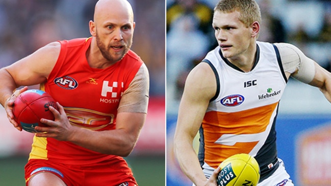 Gary Ablett of Gold Coast and Adam Treloar of GWS