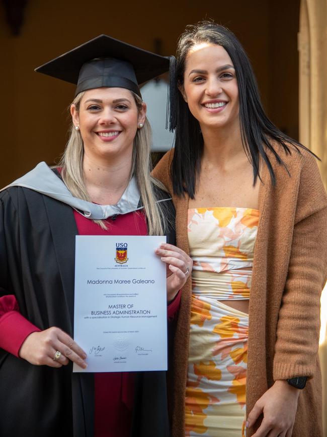 A Master of Business Administration, Madonna Galeano celebrates with Jo Volpe. UniSQ graduation ceremony at Empire Theatre. Wednesday, June 28, 2023