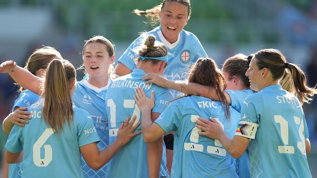 MELBOURNE, AUSTRALIA - APRIL 28: Hannah Wilkinson of Melbourne City celebrates scoring a goal during the A-League Women Semi Final match between Melbourne City and Newcastle Jets at AAMI Park, on April 28, 2024, in Melbourne, Australia. (Photo by Daniel Pockett/Getty Images)