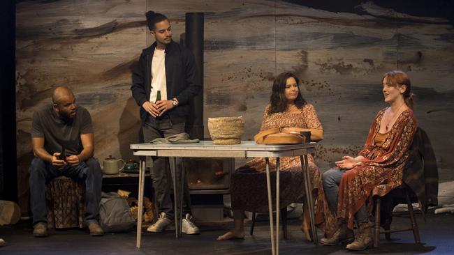 State Theatre Company of SA. Luke Carroll, Ari Maza Long, Sandy Greenwood and Alex Malone in Belvoir production of At What Cost? Picture: Brett Boardman