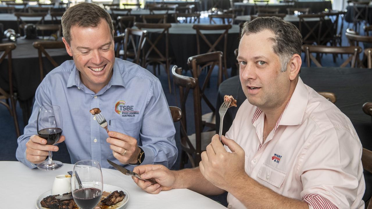 Bruce McConnel – TSBE FLA general manager and Ed LaBrie – Mort and Co operations manager – meat at the 2021 Darling Downs Beef Battle launch. Picture: Nev Madsen.