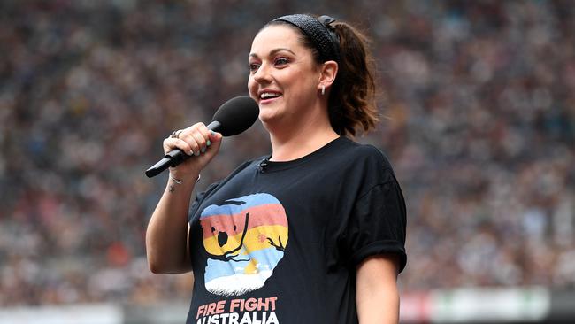 Celeste Barber speaks during the Fire Fight Australia bushfire relief concert in February. Picture: AAP