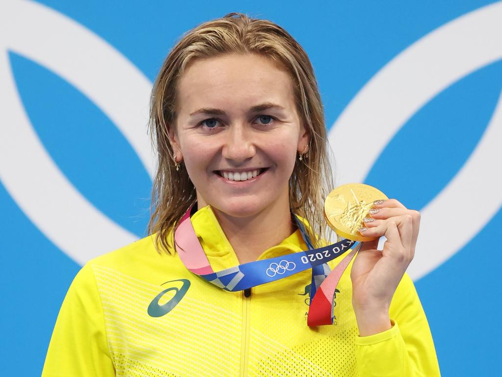 Ariarne Titmus poses with her latest gold medal. Picture Getty Images