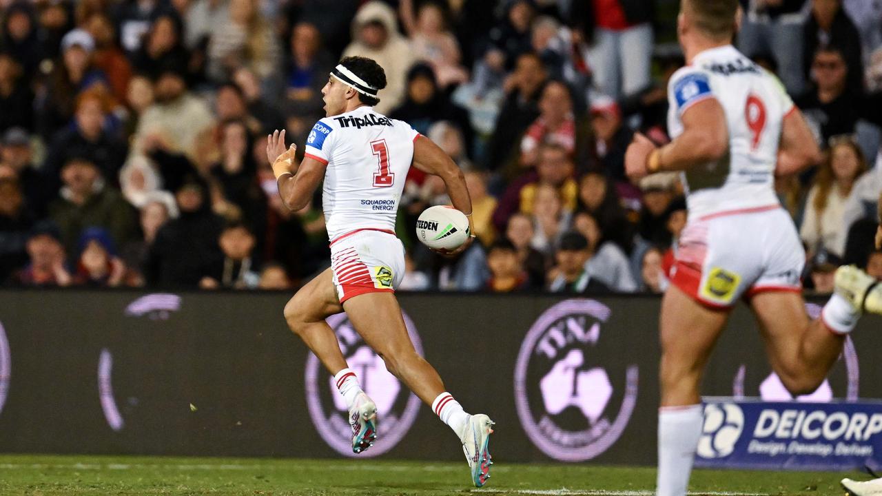 Sloan sprints away to score a spectacular 80m try. Picture: NRL Photos