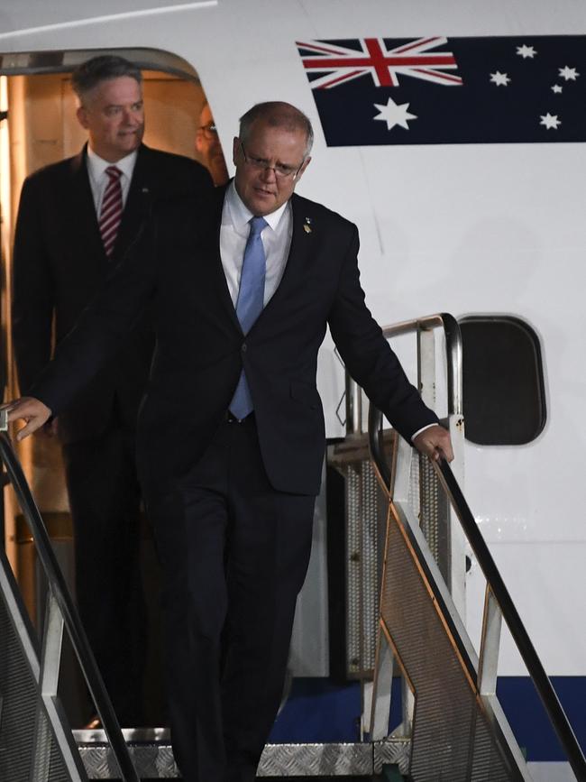 The pair arrive after a tumultuous week in Canberra. Picture: AAP/Lukas Coch