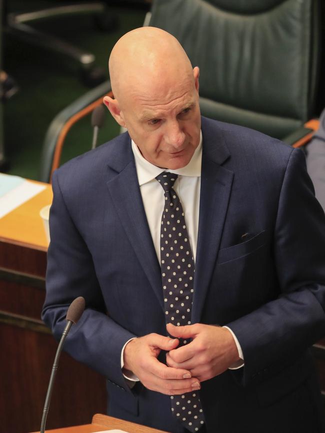 Tasmanian Premier Peter Gutwein addresses the Parliament in a special sitting convened during Tasmania's COVID-19 crisis in Hobart, Thursday, April 30, 2020. (AAP Image/Rob Blakers)