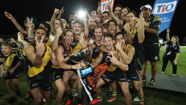 Nightcliff Tigers celebrate their first back-to-back premiership at the 2019/20 NTFL Grand Final. Picture: GLENN CAMPBELL