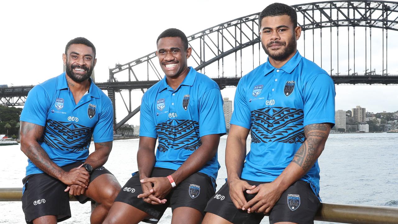 Pio Seci, right with Fijian teammates Wes Naiqama and Vuate Karawalevu. Picture: Richard Dobson